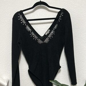 Black Embellished V-Neck Bodysuit